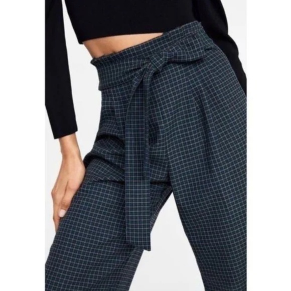 Zara Wide Leg Crop Front Tie Pleated Culotte Pants Plaid Size Large - Picture 3 of 8